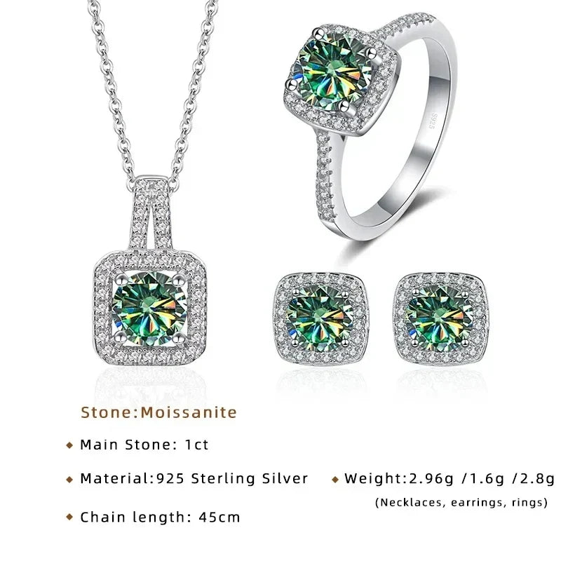 Sterling Silver 3-Piece Moissanite Jewelry Set 1ct Necklace Ring Earrings